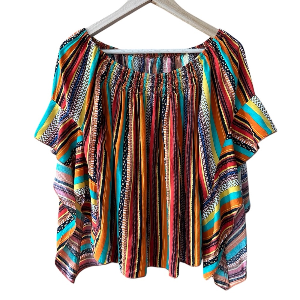 Colourful Boho Butterfly Sleeve Off The Shoulder Top Striped - Large